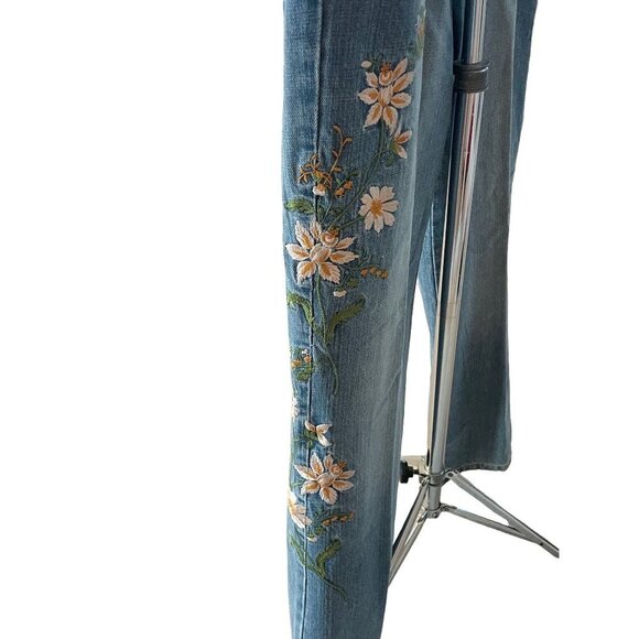 Vintage 90s Y2K Mid Rise Floral Embroidered Bootcut Jeans Sz 10P - Picture 6 of 12
